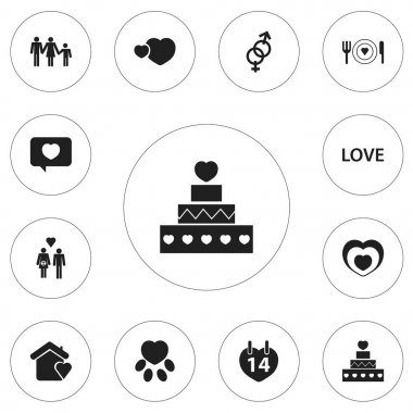 12 düzenlenebilir aşk simgeler kümesi. Pasta, aşk mesajı, sevgi ve daha fazla gibi simgeler içerir. Web, mobil, UI ve Infographic tasarımı için kullanılabilir.