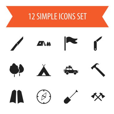 12 düzenlenebilir gezi simgeler kümesi. Spade, bıçak, toka-bıçak gibi simgeler ve daha fazlasını içerir. Web, mobil, UI ve Infographic tasarımı için kullanılabilir.