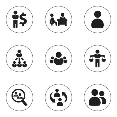 9 düzenlenebilir iş simgeler kümesi. Erkek, birlik, lider ve daha fazlası gibi simgeler içerir. Web, mobil, UI ve Infographic tasarımı için kullanılabilir.