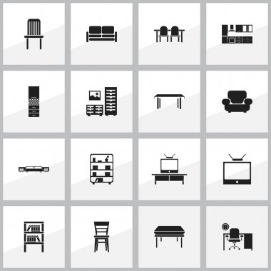 Set Of 16 Editable Interior Icons. Includes Symbols Such As Seat, Cabinet, Armhair And More. Can Be Used For Web, Mobile, UI And Infographic Design. clipart