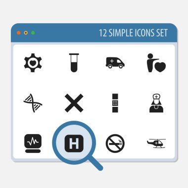 12 düzenlenebilir bakım simgeler kümesi. Tıbbi Havacılık, Hastane görevlisi, nabız ve daha fazla gibi simgeler içerir. Web, mobil, UI ve Infographic tasarımı için kullanılabilir.