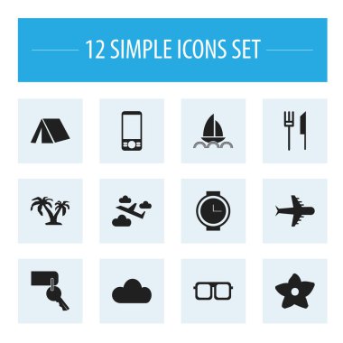 12 düzenlenebilir yolculuk simgeler kümesi. Havacılık, gözlük, çatal bıçak ile ve daha fazlası gibi simgeler içerir. Web, mobil, UI ve Infographic tasarımı için kullanılabilir.