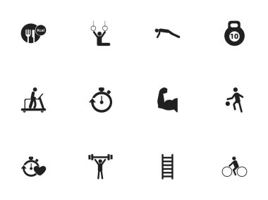 12 düzenlenebilir spor simgeler kümesi. Vücut geliştirme, pazı, sporcu ve daha fazlası gibi simgeler içerir. Web, mobil, UI ve Infographic tasarımı için kullanılabilir.