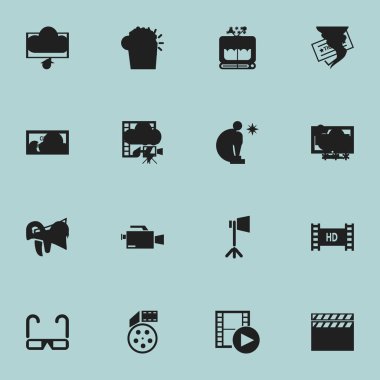 16 düzenlenebilir film simgeler kümesi. Bölüm, kayıt, stüdyo ışık ve daha fazla gibi simgeler içerir. Web, mobil, UI ve Infographic tasarımı için kullanılabilir.