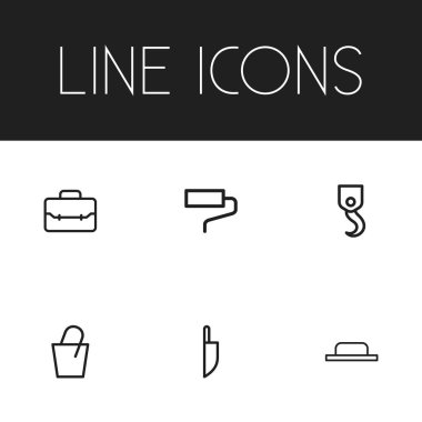 6 düzenlenebilir enstrüman anahat simgeleri ayarlayın. Vinç, Portföy, kürek ve daha fazlası gibi simgeler içerir. Web, mobil, UI ve Infographic tasarımı için kullanılabilir.