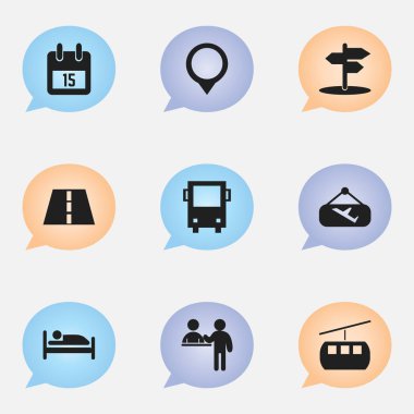 9 düzenlenebilir seyahat simgeler kümesi. Kayıt, yatak, yol ve daha fazlası gibi simgeler içerir. Web, mobil, UI ve Infographic tasarımı için kullanılabilir.