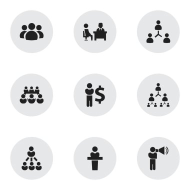 9 düzenlenebilir işbirliği simgeler kümesi. Tartışma, grup, hoparlör ve daha fazlası gibi simgeler içerir. Web, mobil, UI ve Infographic tasarımı için kullanılabilir.