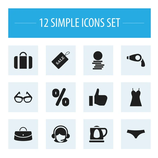 Conjunto de 12 iconos de compras editables. Incluye símbolos como troncos, secador, etiqueta de venta y más. Puede ser utilizado para el diseño de la tela, móvil, interfaz de usuario e infografía . — Vector de stock