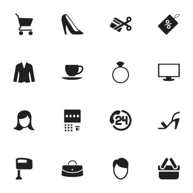 16 düzenlenebilir alışveriş simgeler kümesi. Heyecan, takı, hırka ve daha fazlası gibi simgeler içerir. Web, mobil, UI ve Infographic tasarımı için kullanılabilir.