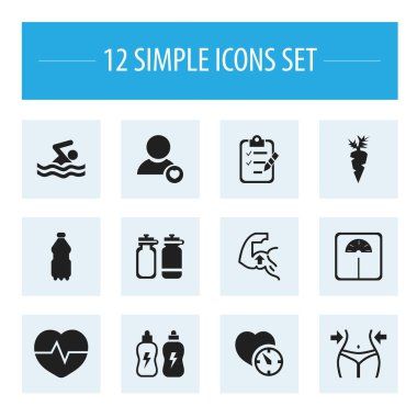 12 düzenlenebilir spor simgeler kümesi. Kalp atışı, yüzme, anket ve daha fazlası gibi simgeler içerir. Web, mobil, UI ve Infographic tasarımı için kullanılabilir.