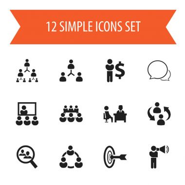 12 düzenlenebilir topluluk simgeler kümesi. Komutan, ortaklık, tanıtım gibi simgeler içerir. Web, mobil, UI ve Infographic tasarımı için kullanılabilir.