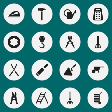 16 düzenlenebilir ekipman simgeler kümesi. Kerpetenler, Bauer, parçalayıcı ve daha fazlası gibi simgeler içerir. Web, mobil, UI ve Infographic tasarımı için kullanılabilir.