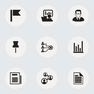 9 düzenlenebilir Bürosu simgeler kümesi. Birlik, tanıtım, flama ve daha fazlası gibi simgeler içerir. Web, mobil, UI ve Infographic tasarımı için kullanılabilir.