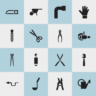 16 düzenlenebilir araçları simgeler kümesi. Budama makası, Bahçe makası, kıyma makinesi ve daha fazlası gibi simgeler içerir. Web, mobil, UI ve Infographic tasarımı için kullanılabilir.