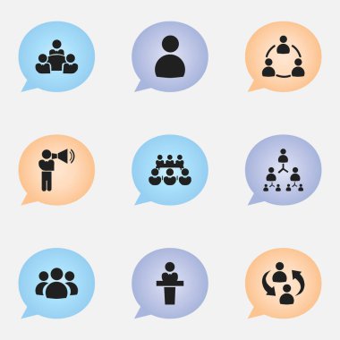 9 düzenlenebilir iş simgeler kümesi. Takım çalışması, grup, dostluk ve daha fazlası gibi simgeler içerir. Web, mobil, UI ve Infographic tasarımı için kullanılabilir.