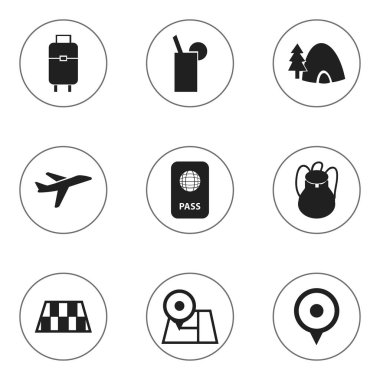 9 düzenlenebilir gezi simgeler kümesi. Bariyer, konumu, sırt çantası ve daha fazlası gibi simgeler içerir. Web, mobil, UI ve Infographic tasarımı için kullanılabilir.