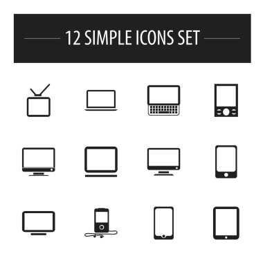 12 düzenlenebilir aygıtları simgeler kümesi. Dizüstü bilgisayar, televizyon, monitör ve daha fazlası gibi simgeler içerir. Web, mobil, UI ve Infographic tasarımı için kullanılabilir.