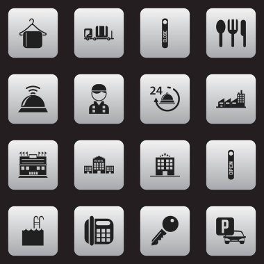 16 düzenlenebilir Motel simgeler kümesi. Açık oturum, Residence, Townhouse ve daha fazlası gibi simgeler içerir. Web, mobil, UI ve Infographic tasarımı için kullanılabilir.