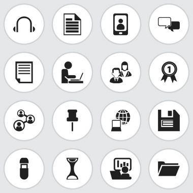 16 düzenlenebilir Office simgeler kümesi. Kulaklık, dünya, sohbet ve daha fazlası gibi simgeler içerir. Web, mobil, UI ve Infographic tasarımı için kullanılabilir.