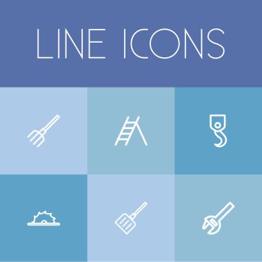 6 düzenlenebilir aparatı anahat simgeleri ayarlayın. Vinç, merdiven, İngiliz anahtarı ve daha fazlası gibi simgeler içerir. Web, mobil, UI ve Infographic tasarımı için kullanılabilir.