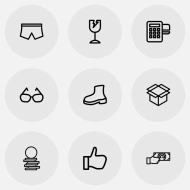 9 düzenlenebilir alışveriş anahat simgeleri ayarlayın. Nakit, kutusunu temizlemek gibi gözlük ve daha fazla simgeleri içerir. Web, mobil, UI ve Infographic tasarımı için kullanılabilir.