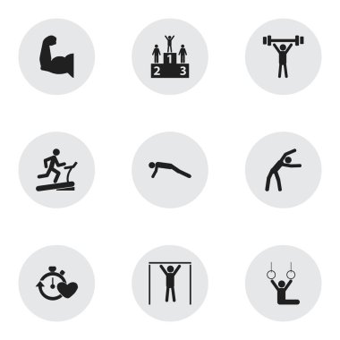 9 düzenlenebilir spor simgeler kümesi. Vücut geliştirme, sağlık zaman, rekabet ve daha fazlası gibi simgeler içerir. Web, mobil, UI ve Infographic tasarımı için kullanılabilir.