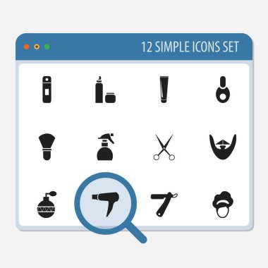12 düzenlenebilir Tonsorial sanatçı simgeler kümesi. Fön, şişe, bıçak ve daha fazlası gibi simgeler içerir. Web, mobil, UI ve Infographic tasarımı için kullanılabilir.