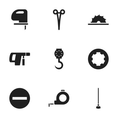 9 düzenlenebilir aparatı simgeler kümesi. Sawblade, vida başı, Cerrahi makas ve daha fazlası gibi simgeler içerir. Web, mobil, UI ve Infographic tasarımı için kullanılabilir.