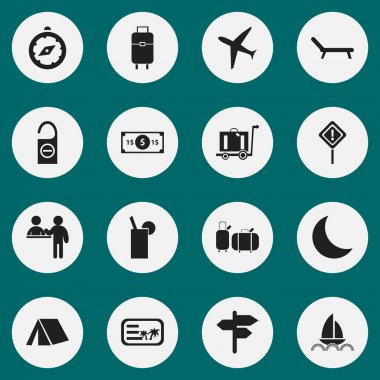 16 düzenlenebilir gezi simgeler kümesi. Bavullar, yat, rahatsız etmeyin gibi sembolleri içerir ve daha fazlası. Web, mobil, UI ve Infographic tasarımı için kullanılabilir.