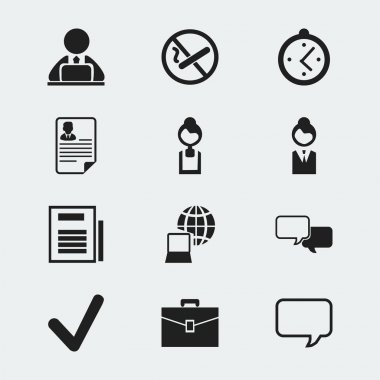 12 düzenlenebilir Office simgeler kümesi. Konuşma, kontrol, iş kadını ve daha fazlası gibi simgeler içerir. Web, mobil, UI ve Infographic tasarımı için kullanılabilir.