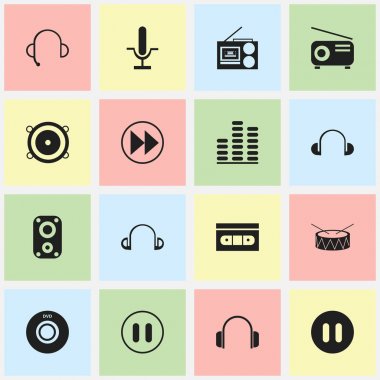 16 düzenlenebilir ses simgeler kümesi. Ses amplifikatör, dur, kulaklıklar ve daha fazlası gibi simgeler içerir. Web, mobil, UI ve Infographic tasarımı için kullanılabilir.