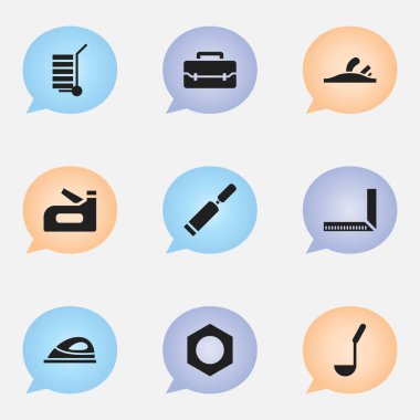 9 düzenlenebilir aparatı simgeler kümesi. Cihaz, uçak, ölçü ve daha fazlası gibi simgeler içerir. Web, mobil, UI ve Infographic tasarımı için kullanılabilir.