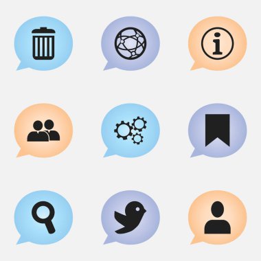 9 düzenlenebilir Internet simge kümesi. Büyüteç, SSS, güvercin ve daha fazlası gibi simgeler içerir. Web, mobil, UI ve Infographic tasarımı için kullanılabilir.