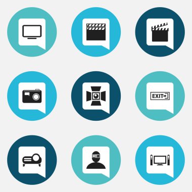 9 düzenlenebilir sinema simgeler kümesi. Tanıtımı, Outlet, spot ve daha fazlası gibi simgeler içerir. Web, mobil, UI ve Infographic tasarımı için kullanılabilir.