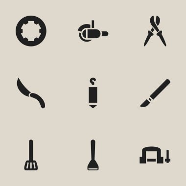 9 düzenlenebilir ekipman simgeler kümesi. Patates soyma, mutfak Spatula, kıyma makinesi ve daha fazlası gibi simgeler içerir. Web, mobil, UI ve Infographic tasarımı için kullanılabilir.