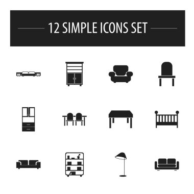 12 düzenlenebilir iç simgeler kümesi. Davenport, gardırop, kanepe ve daha fazlası gibi simgeler içerir. Web, mobil, UI ve Infographic tasarımı için kullanılabilir.