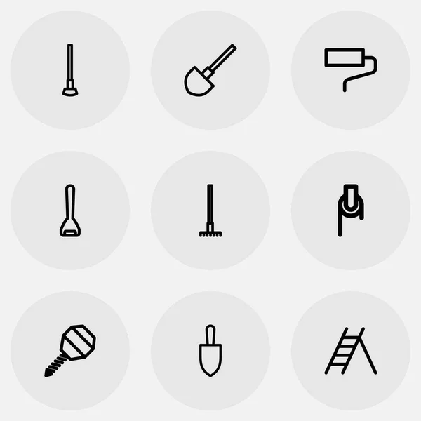 Conjunto de 9 herramientas editables Esquema de iconos. Incluye símbolos tales como herramienta, grada, escalera y más. Puede ser utilizado para el diseño de la tela, móvil, interfaz de usuario e infografía . — Archivo Imágenes Vectoriales