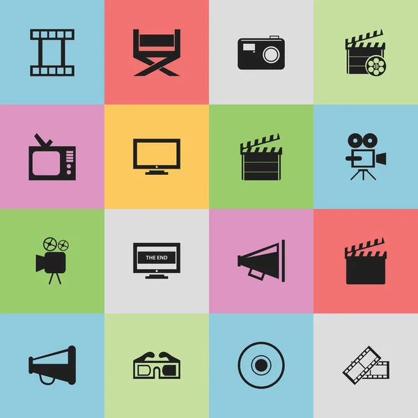 Set di 16 icone di film modificabili. Include simboli come occhiali 3D, compact disk, azione cinematografica e altro ancora. Può essere utilizzato per la progettazione web, mobile, UI e infografica . — Vettoriale Stock