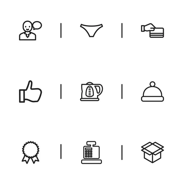 Set Of 9 Editable Business Outline Icons. Includes Symbols Such As Credit Card, Till, Thumb Up And More. Can Be Used For Web, Mobile, UI And Infographic Design. — Stock Vector