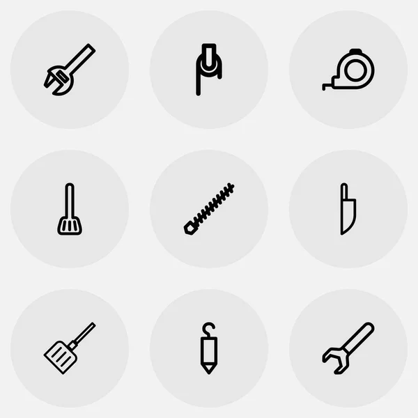 Conjunto de 9 iconos de contorno de instrumentos editables. Incluye símbolos tales como cuchillo, llana de nieve, broca giratoria y más. Puede ser utilizado para el diseño de la tela, móvil, interfaz de usuario e infografía . — Archivo Imágenes Vectoriales