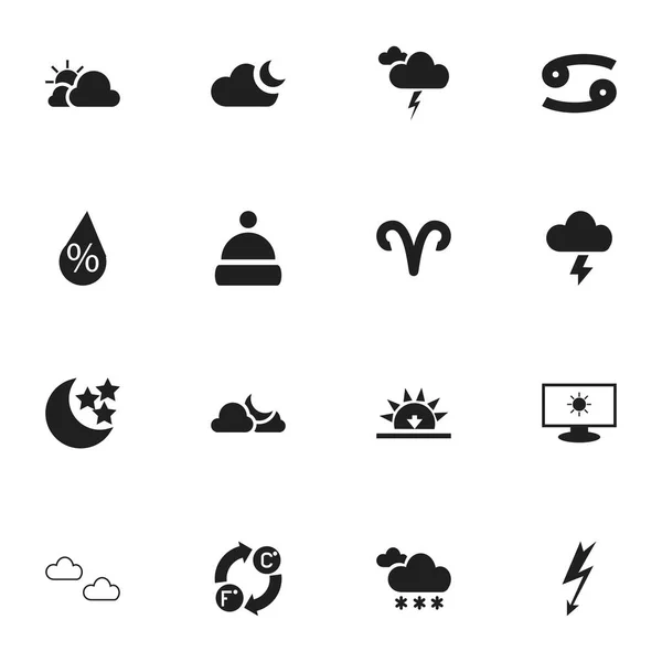 Ensemble de 16 icônes météo modifiables. Comprend des symboles tels que clair de lune, crabe, intérêts et plus. Peut être utilisé pour le Web, mobile, interface utilisateur et infographie . — Image vectorielle