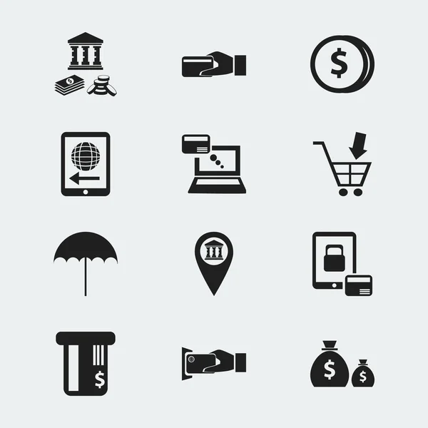 Sada 12 ikon upravitelné investic. Obsahuje symboly, například Pinpoint, DPH, nákupy kára a další. Lze použít pro webové, mobilní, Ui a infografika Design. — Stockový vektor
