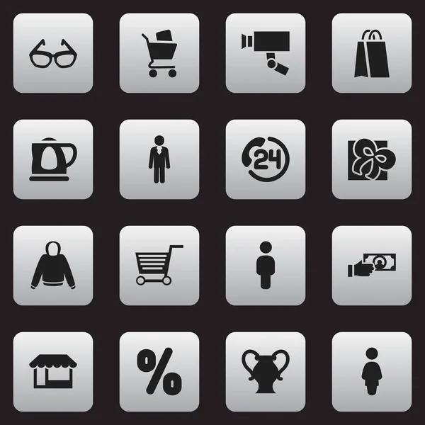 Conjunto de 16 iconos de compras editables. Incluye símbolos como paquete, persona de trabajo, cinta y más. Puede ser utilizado para el diseño de la tela, móvil, interfaz de usuario e infografía . — Archivo Imágenes Vectoriales