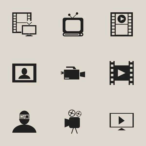 Set di 9 icone del cinema modificabili. Include simboli come striscia della macchina fotografica, schermo, TV e altro ancora. Può essere utilizzato per la progettazione web, mobile, UI e infografica . — Vettoriale Stock