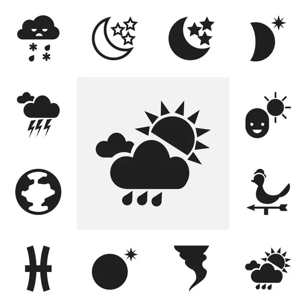 Set di 12 icone meteo modificabili. Include simboli come maschio, mezzaluna con stella, mondo e altro ancora. Può essere utilizzato per la progettazione web, mobile, UI e infografica . — Vettoriale Stock