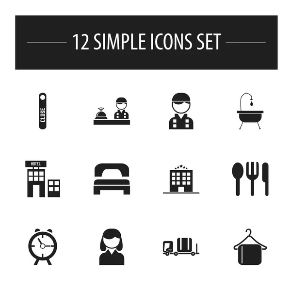 Set de 12 iconos editables del hotel. Incluye símbolos como dormir, empleado, equipaje y más. Puede ser utilizado para el diseño de la tela, móvil, interfaz de usuario e infografía . — Vector de stock