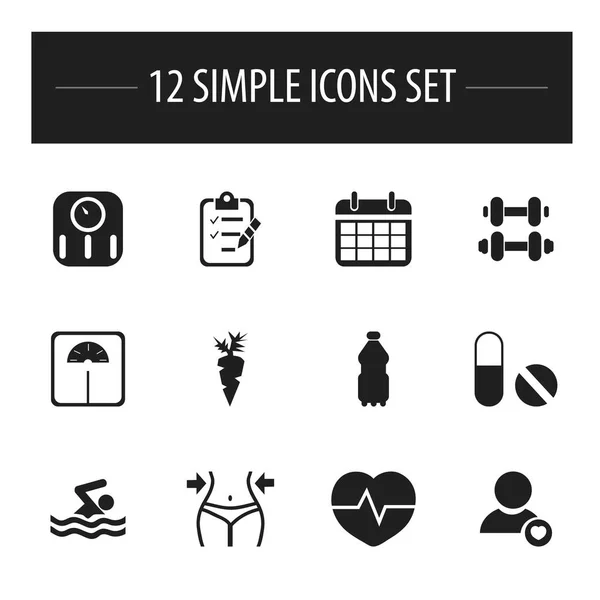 Set de 12 iconos deportivos editables. Incluye símbolos como latidos del corazón, agua deportiva, píldora y más. Puede ser utilizado para el diseño de la tela, móvil, interfaz de usuario e infografía . — Vector de stock