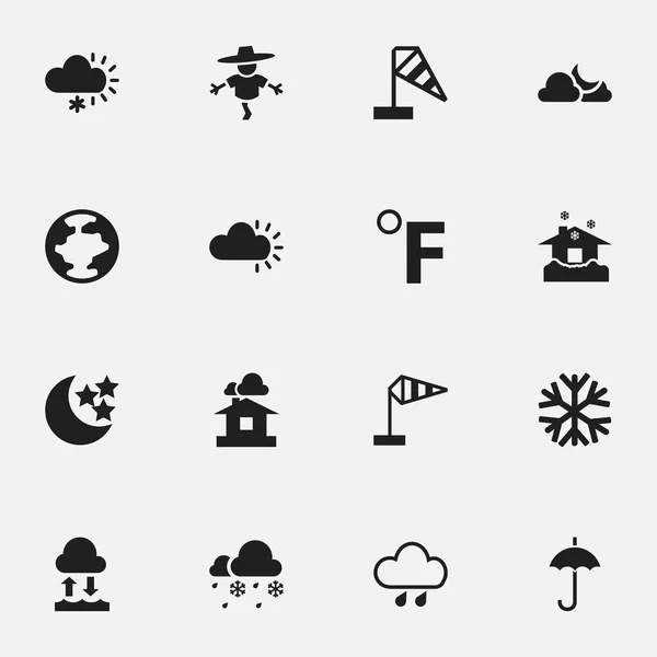 Ensemble de 16 icônes météo modifiables. Comprend des symboles tels que Skyless, Monde, givré et plus. Peut être utilisé pour le Web, mobile, interface utilisateur et infographie . — Image vectorielle