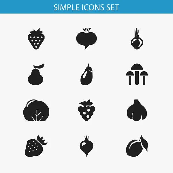 Uppsättning av 12 redigerbara frukt ikoner. Innehåller symboler som till exempel rädisor, kålrot, champinjon och mer. Kan användas för webb-, mobil-, Ui- och Infographic Design. — Stock vektor