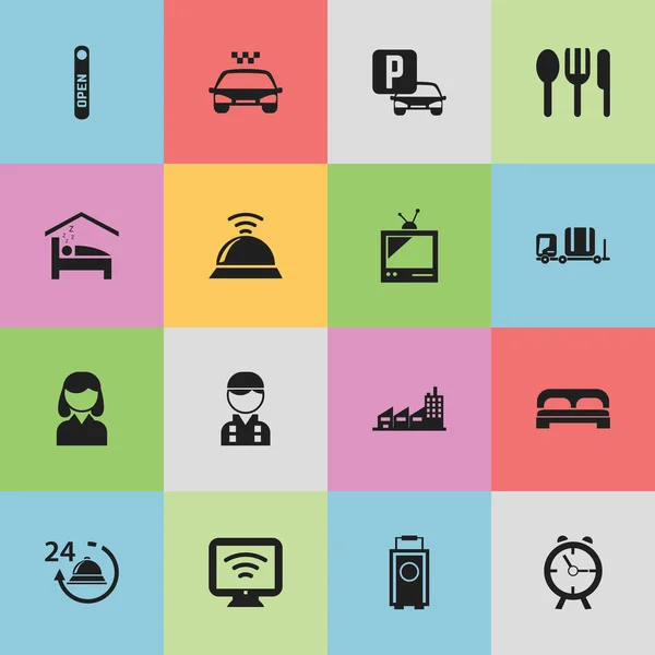 Set de 16 iconos editables Plaza. Incluye símbolos como equipaje, recepción, alarma y más. Puede ser utilizado para el diseño de la tela, móvil, interfaz de usuario e infografía . — Vector de stock